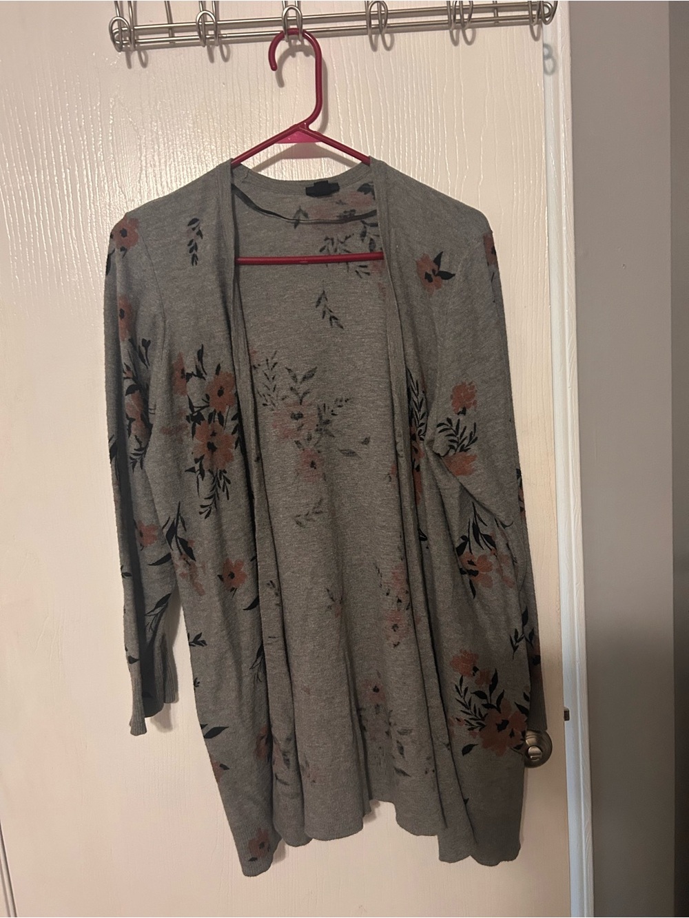 torrid Gray Floral Open-Front Cardigan with Pink Accents